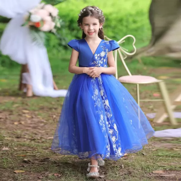 Flower Girl Lace Dress for Kids Wedding Bridesmaid Pageant Party Formal Gown Princess Communion Tulle VBack DressesRoyal Blue  Cap Sleeve