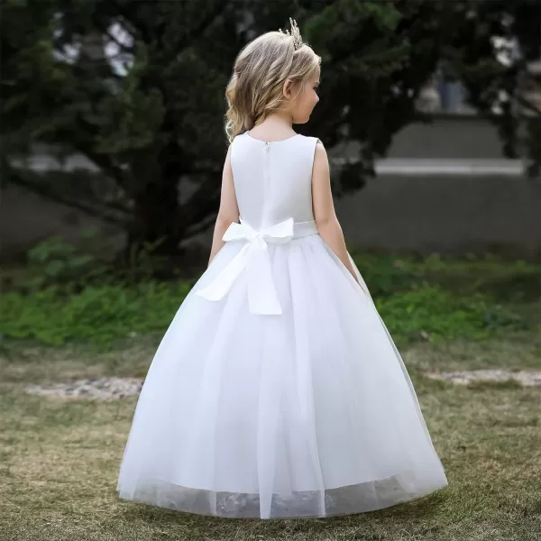 Flower Girl Lace Dress for Kids Wedding Bridesmaid Pageant Party Formal Gown Princess Communion Tulle VBack DressesWhite