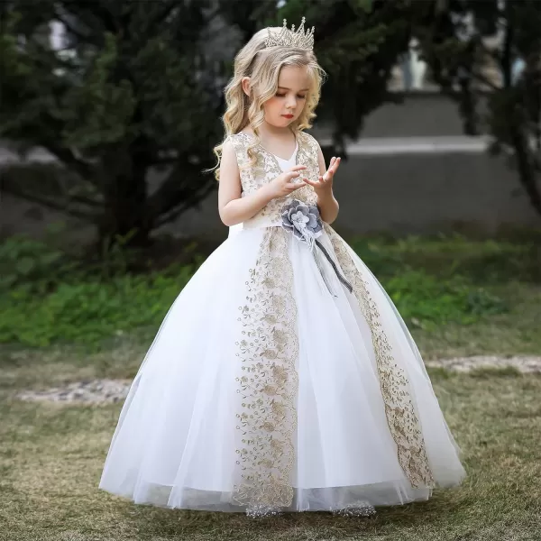 Flower Girl Lace Dress for Kids Wedding Bridesmaid Pageant Party Formal Gown Princess Communion Tulle VBack DressesWhite