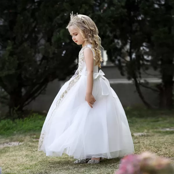 Flower Girl Lace Dress for Kids Wedding Bridesmaid Pageant Party Formal Gown Princess Communion Tulle VBack DressesWhite