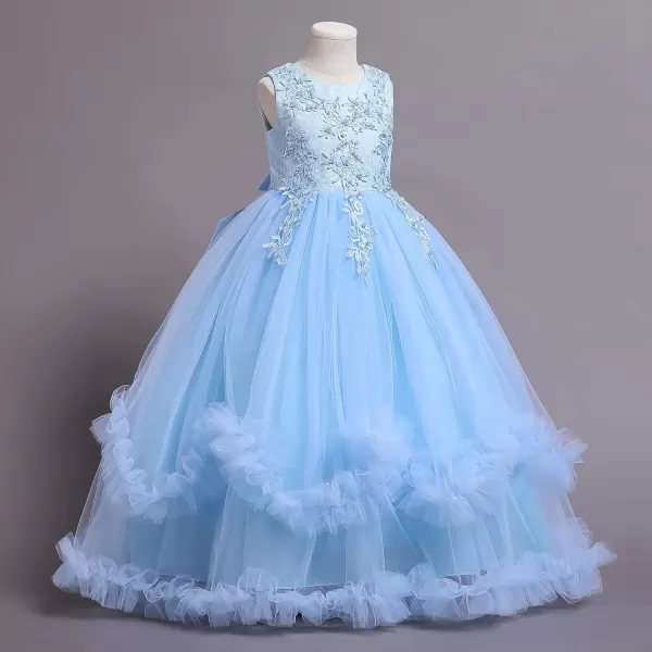 Flower Girl Lace Dress for Kids Wedding Bridesmaid Pageant Party Formal Long Gown 1st Communion Ruffle Tulle DressesBlue  Ruffle