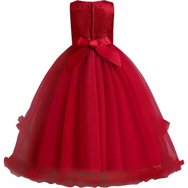 Flower Girl Lace Dress for Kids Wedding Bridesmaid Pageant Party Formal Long Gown 1st Communion Ruffle Tulle DressesDark Red  Ruffle