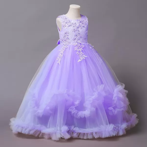 Flower Girl Lace Dress for Kids Wedding Bridesmaid Pageant Party Formal Long Gown 1st Communion Ruffle Tulle DressesPurple  Ruffle