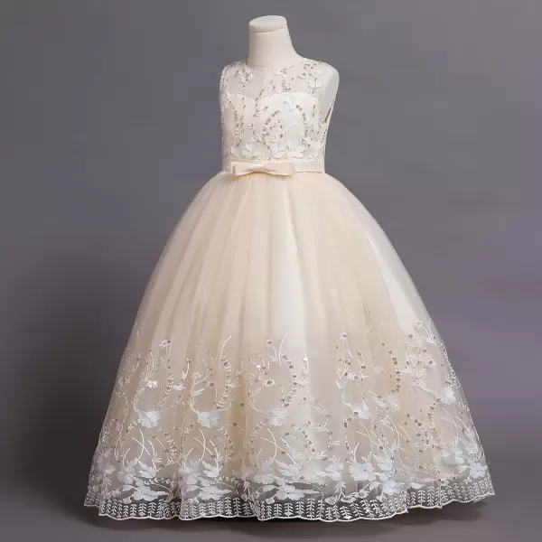 Flower Girl Lace Dress for Kids Wedding Bridesmaid Pageant Party Formal Long Gown First Communion Sequin Tulle DressesChampagne