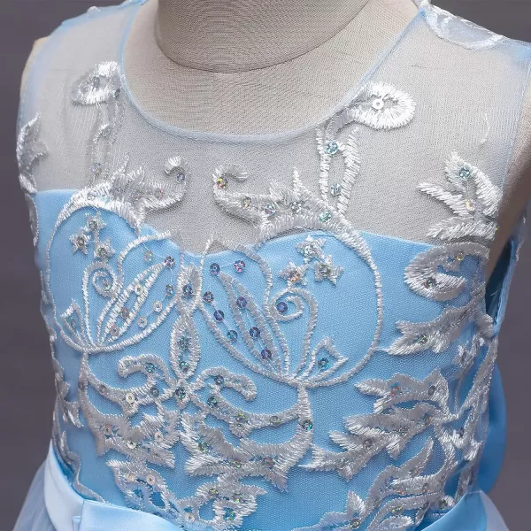 Flower Girl Lace Dress for Kids Wedding Bridesmaid Pageant Party Formal Long Gown Princess Communion Tulle Bow DressesBlue