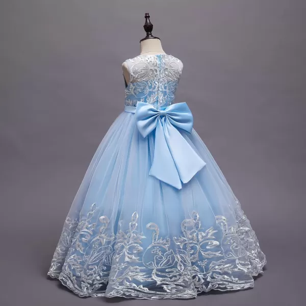 Flower Girl Lace Dress for Kids Wedding Bridesmaid Pageant Party Formal Long Gown Princess Communion Tulle Bow DressesBlue