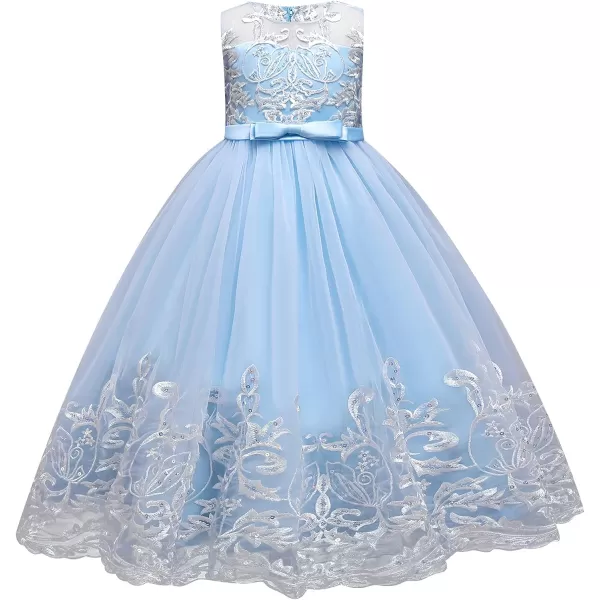 Flower Girl Lace Dress for Kids Wedding Bridesmaid Pageant Party Formal Long Gown Princess Communion Tulle Bow DressesBlue