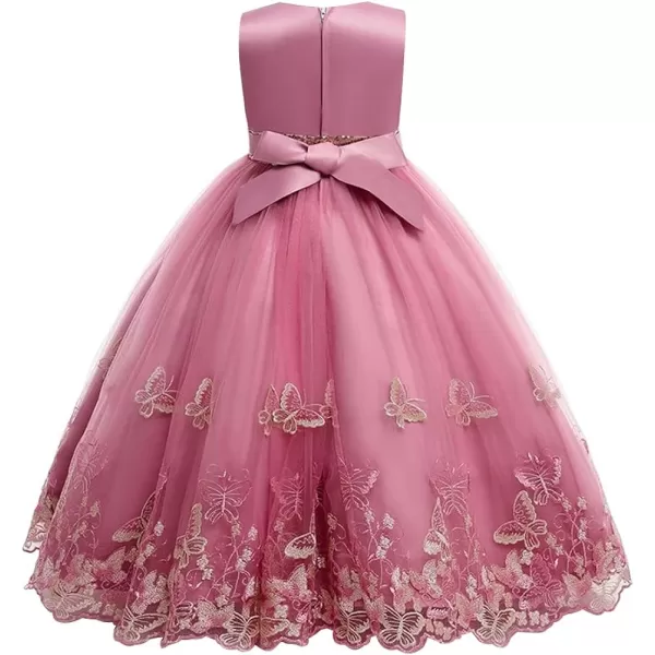 Flower Girl Lace Dress for Kids Wedding Bridesmaid Pageant Party Formal Long Gown Princess Communion Tulle Bow DressesDusty Pink  Butterfly