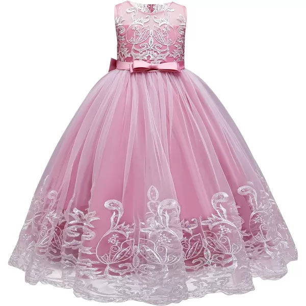 Flower Girl Lace Dress for Kids Wedding Bridesmaid Pageant Party Formal Long Gown Princess Communion Tulle Bow DressesDusty Pink