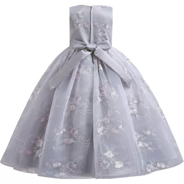 Flower Girl Lace Dress for Kids Wedding Bridesmaid Pageant Party Formal Long Gown Princess Communion Tulle Bow DressesGray  Shiny