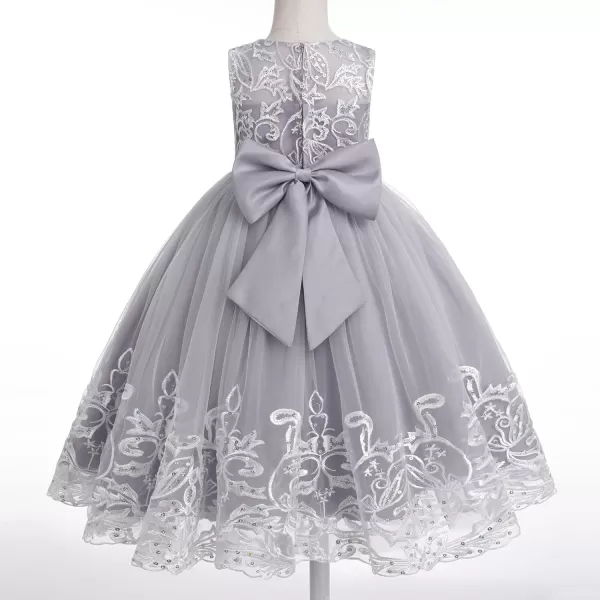 Flower Girl Lace Dress for Kids Wedding Bridesmaid Pageant Party Formal Long Gown Princess Communion Tulle Bow DressesGray