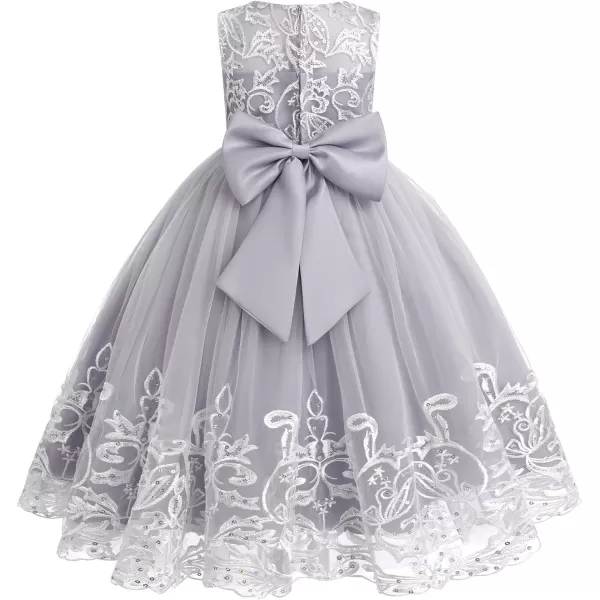 Flower Girl Lace Dress for Kids Wedding Bridesmaid Pageant Party Formal Long Gown Princess Communion Tulle Bow DressesGray