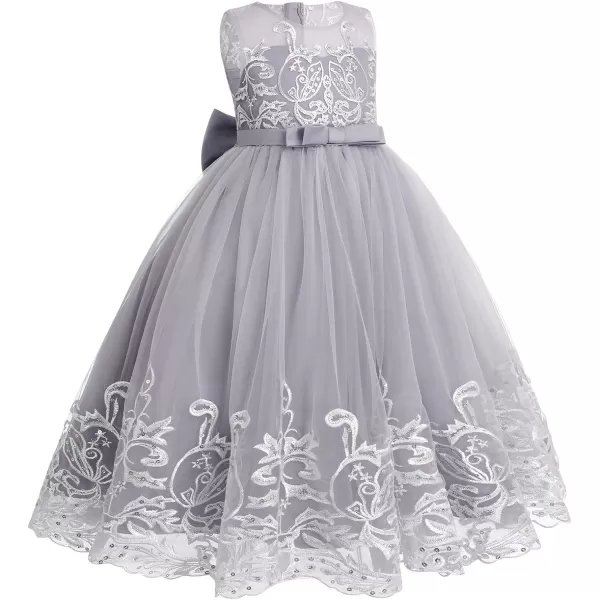 Flower Girl Lace Dress for Kids Wedding Bridesmaid Pageant Party Formal Long Gown Princess Communion Tulle Bow DressesGray