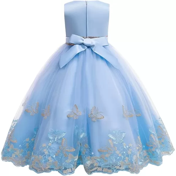 Flower Girl Lace Dress for Kids Wedding Bridesmaid Pageant Party Formal Long Gown Princess Communion Tulle Bow DressesLight Blue  Butterfly