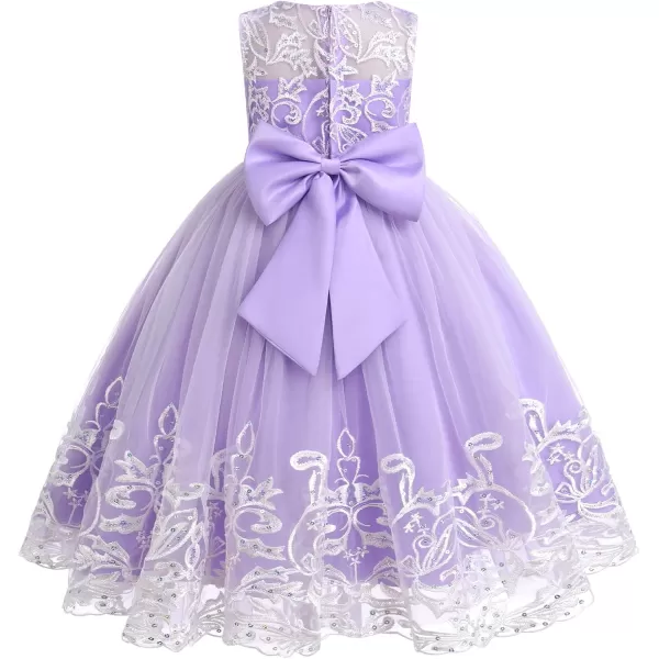 Flower Girl Lace Dress for Kids Wedding Bridesmaid Pageant Party Formal Long Gown Princess Communion Tulle Bow DressesLight Purple