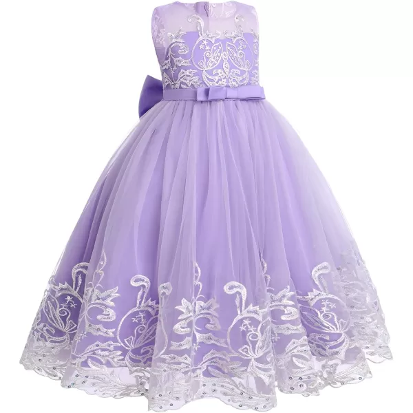 Flower Girl Lace Dress for Kids Wedding Bridesmaid Pageant Party Formal Long Gown Princess Communion Tulle Bow DressesLight Purple