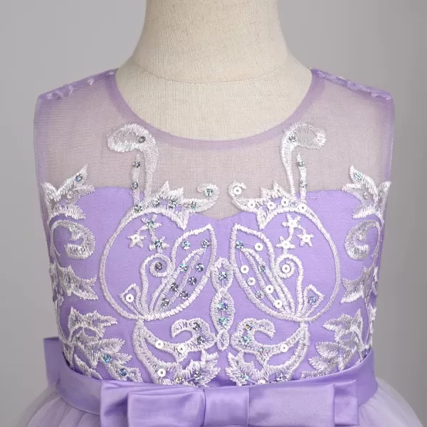 Flower Girl Lace Dress for Kids Wedding Bridesmaid Pageant Party Formal Long Gown Princess Communion Tulle Bow DressesLight Purple