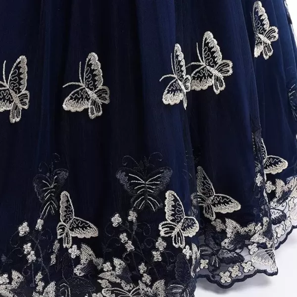 Flower Girl Lace Dress for Kids Wedding Bridesmaid Pageant Party Formal Long Gown Princess Communion Tulle Bow DressesNavy Blue  Butterfly