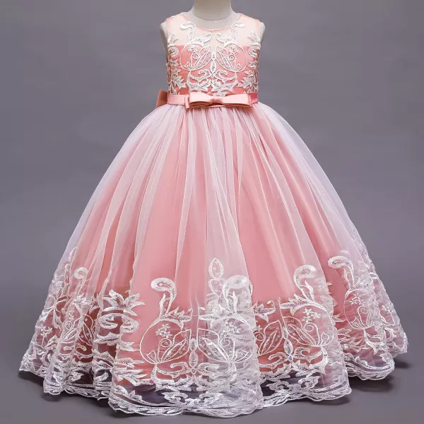Flower Girl Lace Dress for Kids Wedding Bridesmaid Pageant Party Formal Long Gown Princess Communion Tulle Bow DressesPink