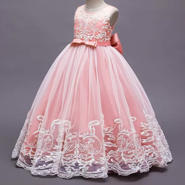 Flower Girl Lace Dress for Kids Wedding Bridesmaid Pageant Party Formal Long Gown Princess Communion Tulle Bow DressesPink