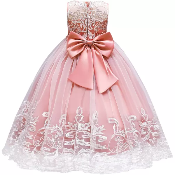 Flower Girl Lace Dress for Kids Wedding Bridesmaid Pageant Party Formal Long Gown Princess Communion Tulle Bow DressesPink