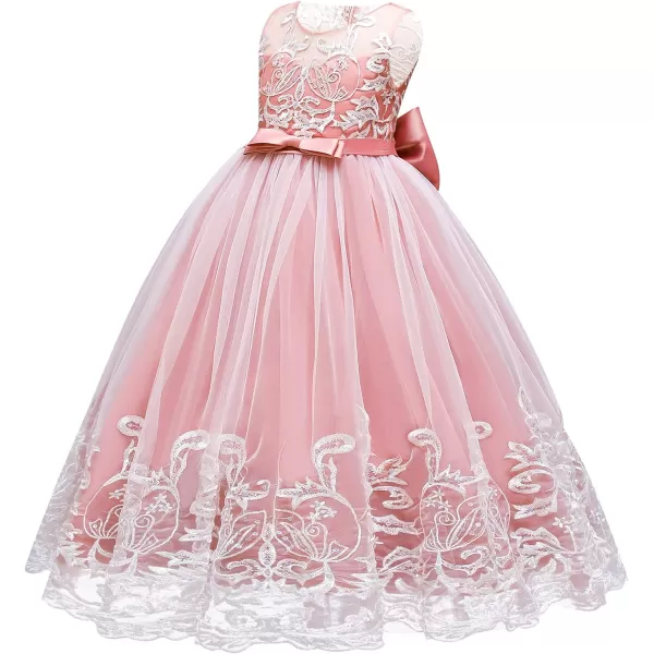 Flower Girl Lace Dress for Kids Wedding Bridesmaid Pageant Party Formal Long Gown Princess Communion Tulle Bow DressesPink