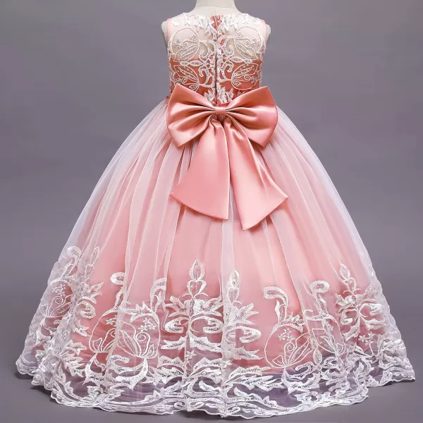 Flower Girl Lace Dress for Kids Wedding Bridesmaid Pageant Party Formal Long Gown Princess Communion Tulle Bow DressesPink