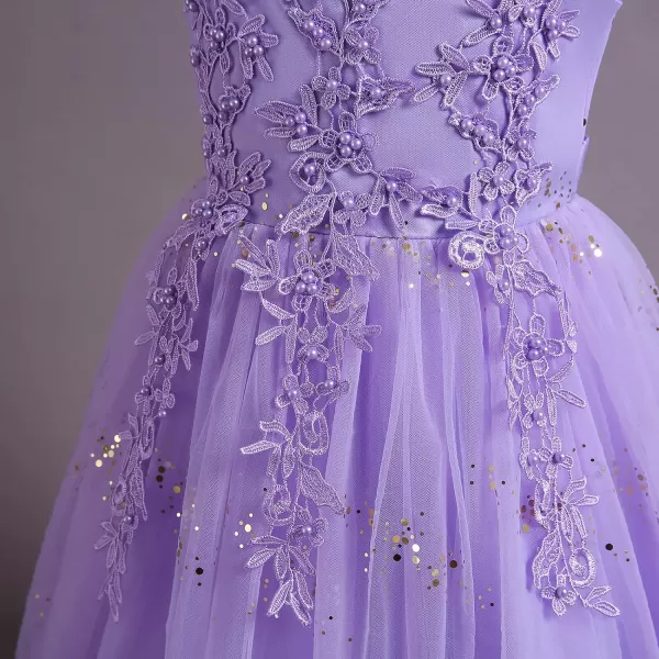 Flower Girl Lace Dress for Kids Wedding Bridesmaid Pageant Party Formal Long Gown Princess Communion Tulle Bow DressesPurple  Sequin