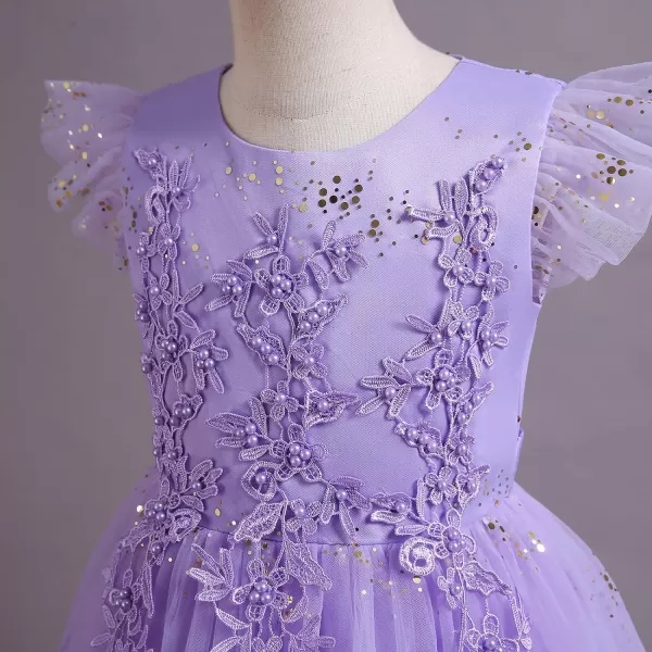 Flower Girl Lace Dress for Kids Wedding Bridesmaid Pageant Party Formal Long Gown Princess Communion Tulle Bow DressesPurple  Sequin