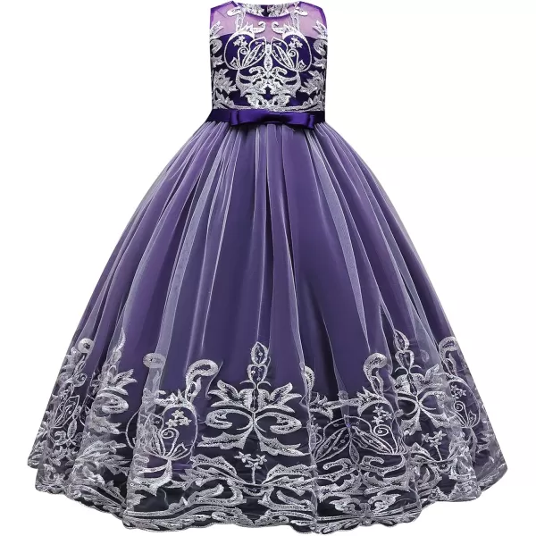 Flower Girl Lace Dress for Kids Wedding Bridesmaid Pageant Party Formal Long Gown Princess Communion Tulle Bow DressesPurple