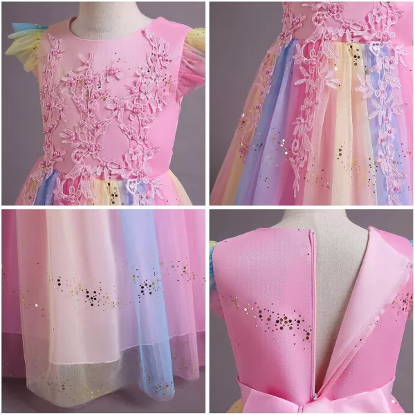 Flower Girl Lace Dress for Kids Wedding Bridesmaid Pageant Party Formal Long Gown Princess Communion Tulle Bow DressesRainbow Pink  Sequin