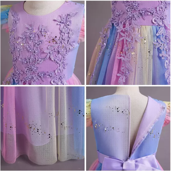 Flower Girl Lace Dress for Kids Wedding Bridesmaid Pageant Party Formal Long Gown Princess Communion Tulle Bow DressesRainbow Purple  Sequin