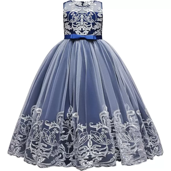 Flower Girl Lace Dress for Kids Wedding Bridesmaid Pageant Party Formal Long Gown Princess Communion Tulle Bow DressesRoyal Blue