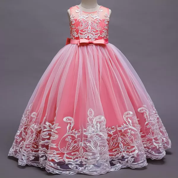 Flower Girl Lace Dress for Kids Wedding Bridesmaid Pageant Party Formal Long Gown Princess Communion Tulle Bow DressesWatermelon Red