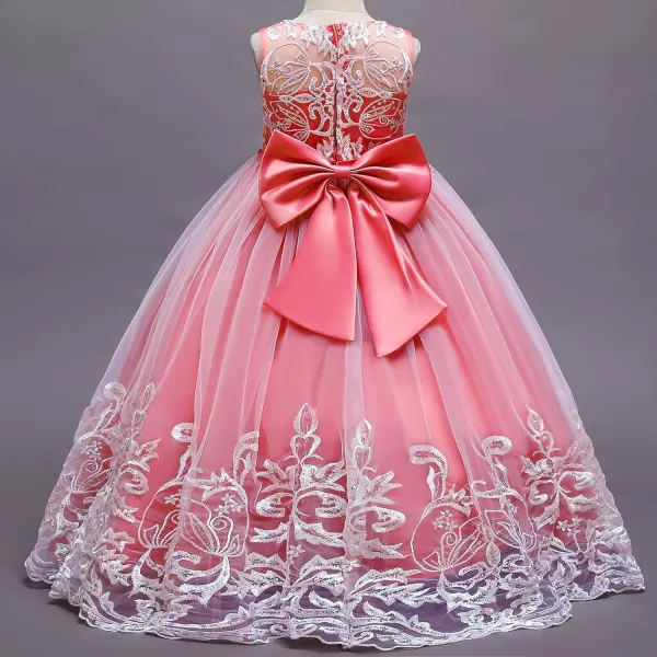Flower Girl Lace Dress for Kids Wedding Bridesmaid Pageant Party Formal Long Gown Princess Communion Tulle Bow DressesWatermelon Red