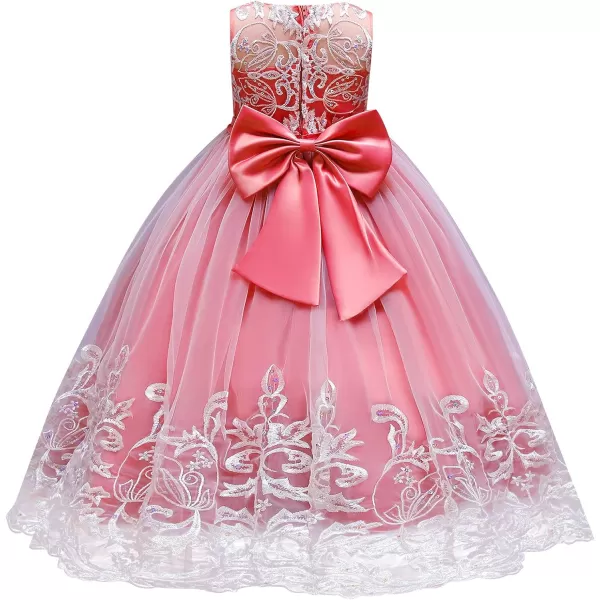 Flower Girl Lace Dress for Kids Wedding Bridesmaid Pageant Party Formal Long Gown Princess Communion Tulle Bow DressesWatermelon Red