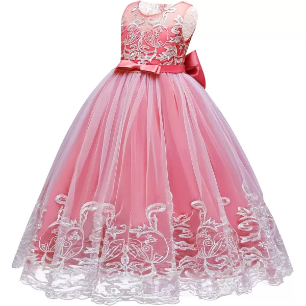 Flower Girl Lace Dress for Kids Wedding Bridesmaid Pageant Party Formal Long Gown Princess Communion Tulle Bow DressesWatermelon Red