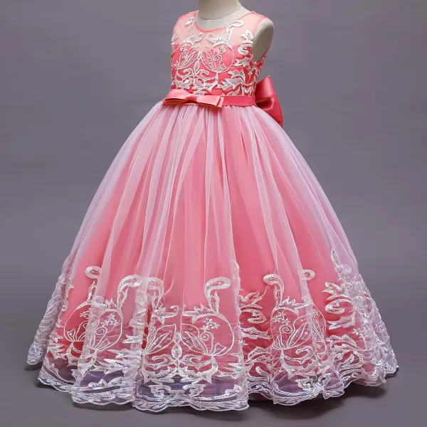 Flower Girl Lace Dress for Kids Wedding Bridesmaid Pageant Party Formal Long Gown Princess Communion Tulle Bow DressesWatermelon Red