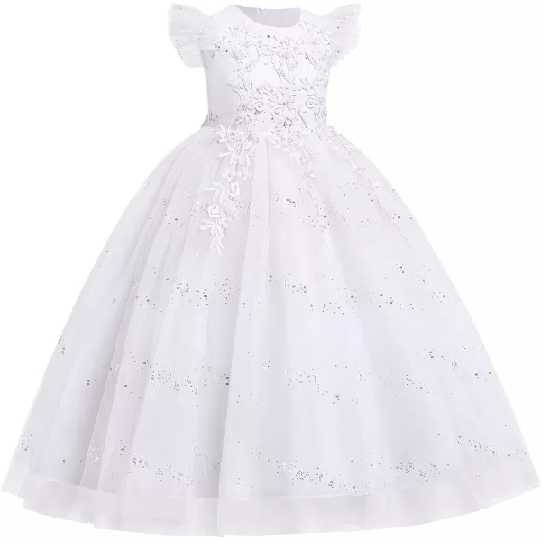 Flower Girl Lace Dress for Kids Wedding Bridesmaid Pageant Party Formal Long Gown Princess Communion Tulle Bow DressesWhite  Sequin