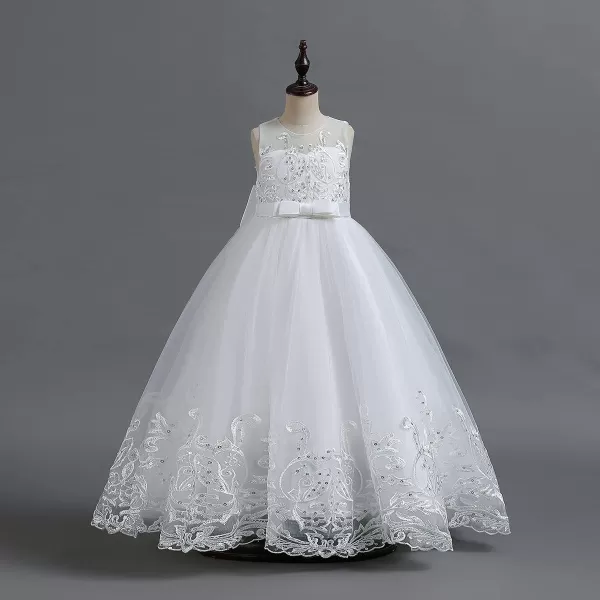 Flower Girl Lace Dress for Kids Wedding Bridesmaid Pageant Party Formal Long Gown Princess Communion Tulle Bow DressesWhite