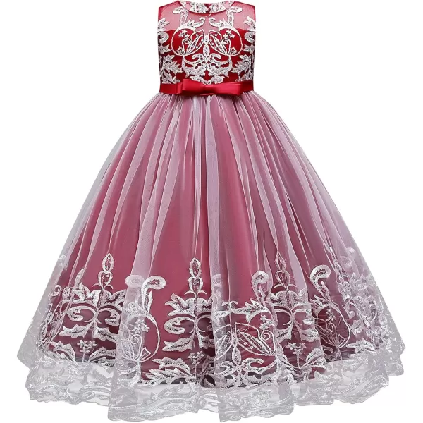 Flower Girl Lace Dress for Kids Wedding Bridesmaid Pageant Party Formal Long Gown Princess Communion Tulle Bow DressesWine Red