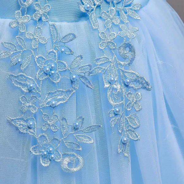 Flower Girl Lace Dress for Kids Wedding Bridesmaid Pageant Party Formal Long Gown Princess Communion Tulle Dresses 312Blue