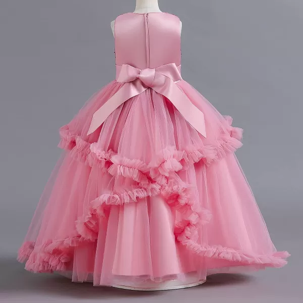 Flower Girl Lace Dress for Kids Wedding Bridesmaid Pageant Party Formal Long Gown Princess Communion Tulle Dresses 312Pink  Ruffle