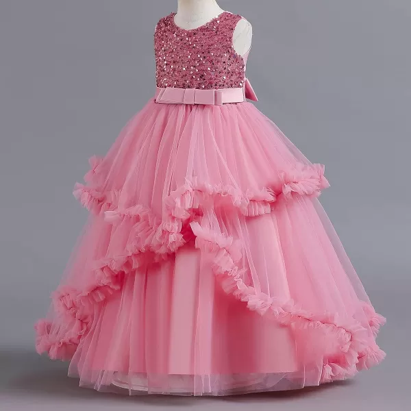 Flower Girl Lace Dress for Kids Wedding Bridesmaid Pageant Party Formal Long Gown Princess Communion Tulle Dresses 312Pink  Ruffle
