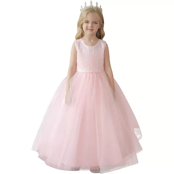 Flower Girl Lace Dress for Kids Wedding Bridesmaid Pageant Party Formal Long Gown Princess Communion Tulle Dresses 312Pink  Sequin Beads