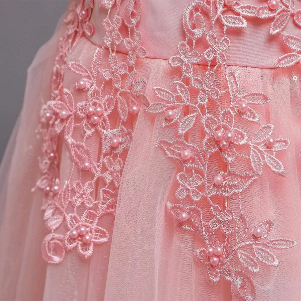 Flower Girl Lace Dress for Kids Wedding Bridesmaid Pageant Party Formal Long Gown Princess Communion Tulle Dresses 312Pink