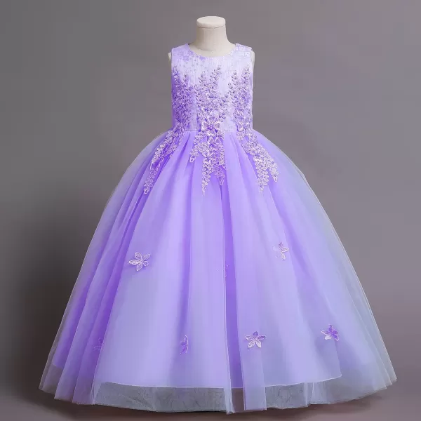 Flower Girl Lace Dress for Kids Wedding Bridesmaid Pageant Party Formal Long Gown Princess Communion Tulle Dresses 312Purple  Flower