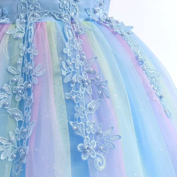 Flower Girl Lace Dress for Kids Wedding Bridesmaid Pageant Party Formal Long Gown Princess Communion Tulle Dresses 312Rainbow Blue