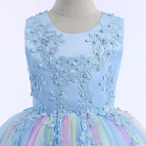 Flower Girl Lace Dress for Kids Wedding Bridesmaid Pageant Party Formal Long Gown Princess Communion Tulle Dresses 312Rainbow Blue