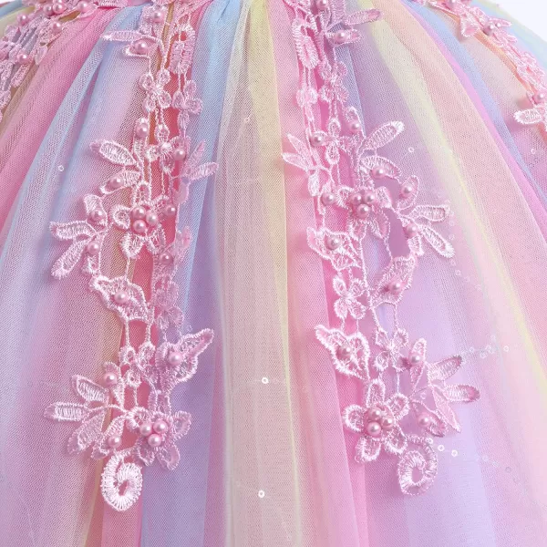 Flower Girl Lace Dress for Kids Wedding Bridesmaid Pageant Party Formal Long Gown Princess Communion Tulle Dresses 312Rainbow Pink